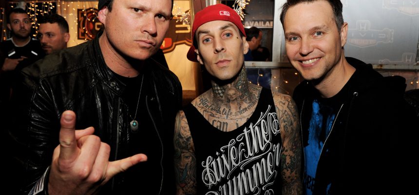 WEST HOLLYWOOD, CA - MAY 23:  (L-R) Musicians Tom DeLonge, Travis Barker and Mark Hoppus of blink-182 pose at a press party of announce the 2011 Honda Civic Tour featuring blink-182 and My Chemical Romance at the Rainbow Bar and Grill on May 23, 2011 in West Hollywood, California.  (Photo by Kevin Winter/Getty Images)
